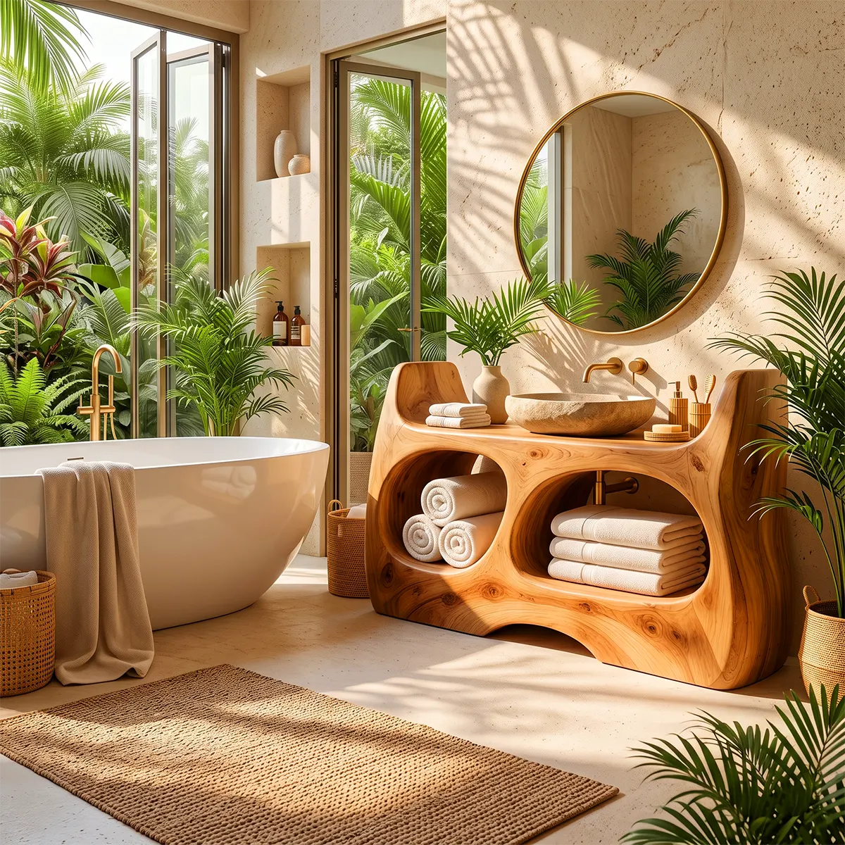 Sculptural Bathroom Vanity with 2 Open Shelves | Curved Organic Modern Design TT006-9TVO9QA