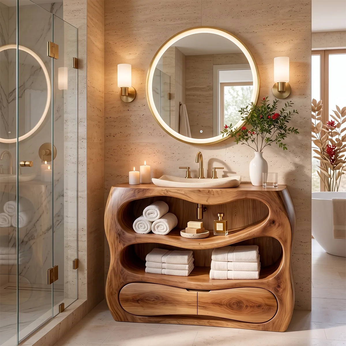 Sculptural Wood Bathroom Vanity | Organic Freestanding Vanity with Open Shelves & Storage Cabinet TT006-6NGL3LR