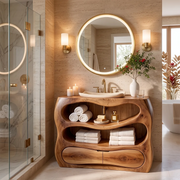 Sculptural Wood Bathroom Vanity | Organic Freestanding Vanity with Open Shelves & Storage Cabinet TT006-6NGL3LR