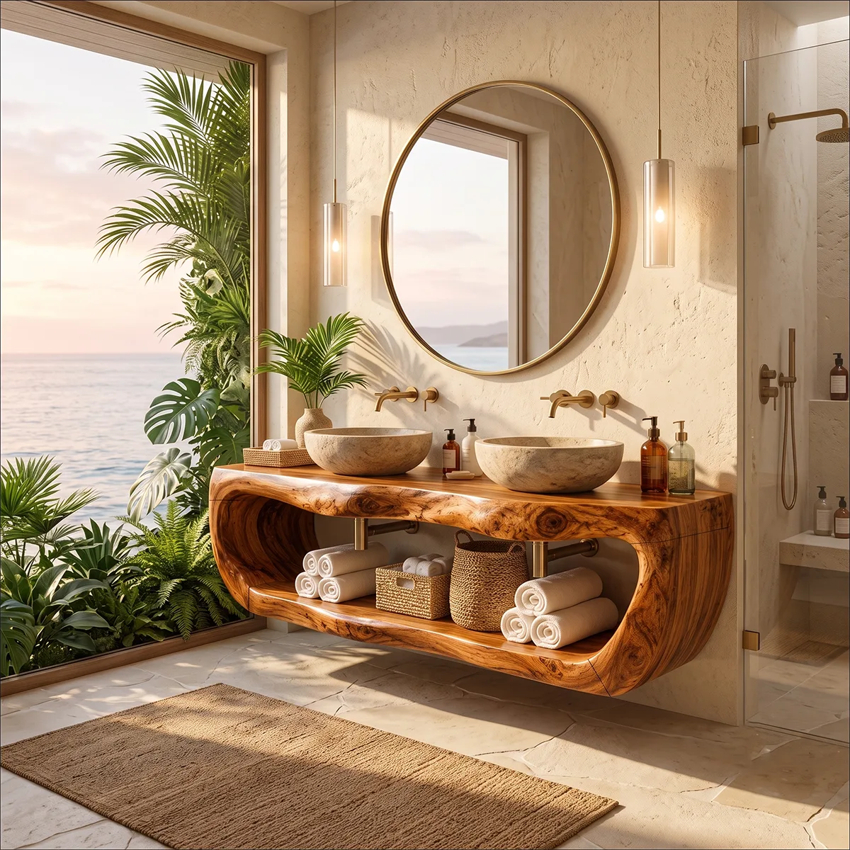 Floating Double Bathroom Vanity with Open Shelf | Sculptural Organic Edge Design TT006-7QQX8GI