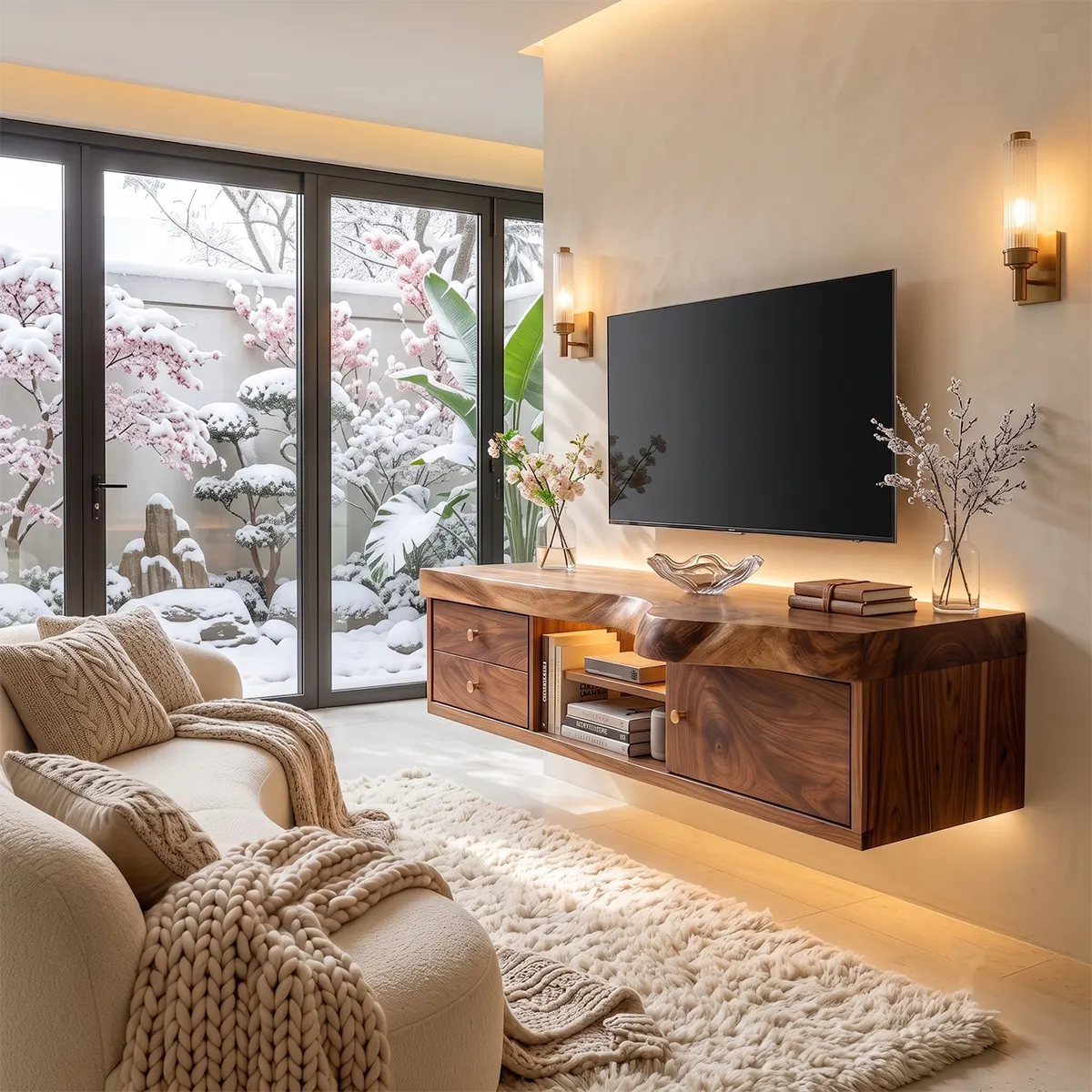 Modern TV Stand with 2 Drawers, Open Shelf & Cabinet | Natural Organic Media Console TT006-3ZLT6YV