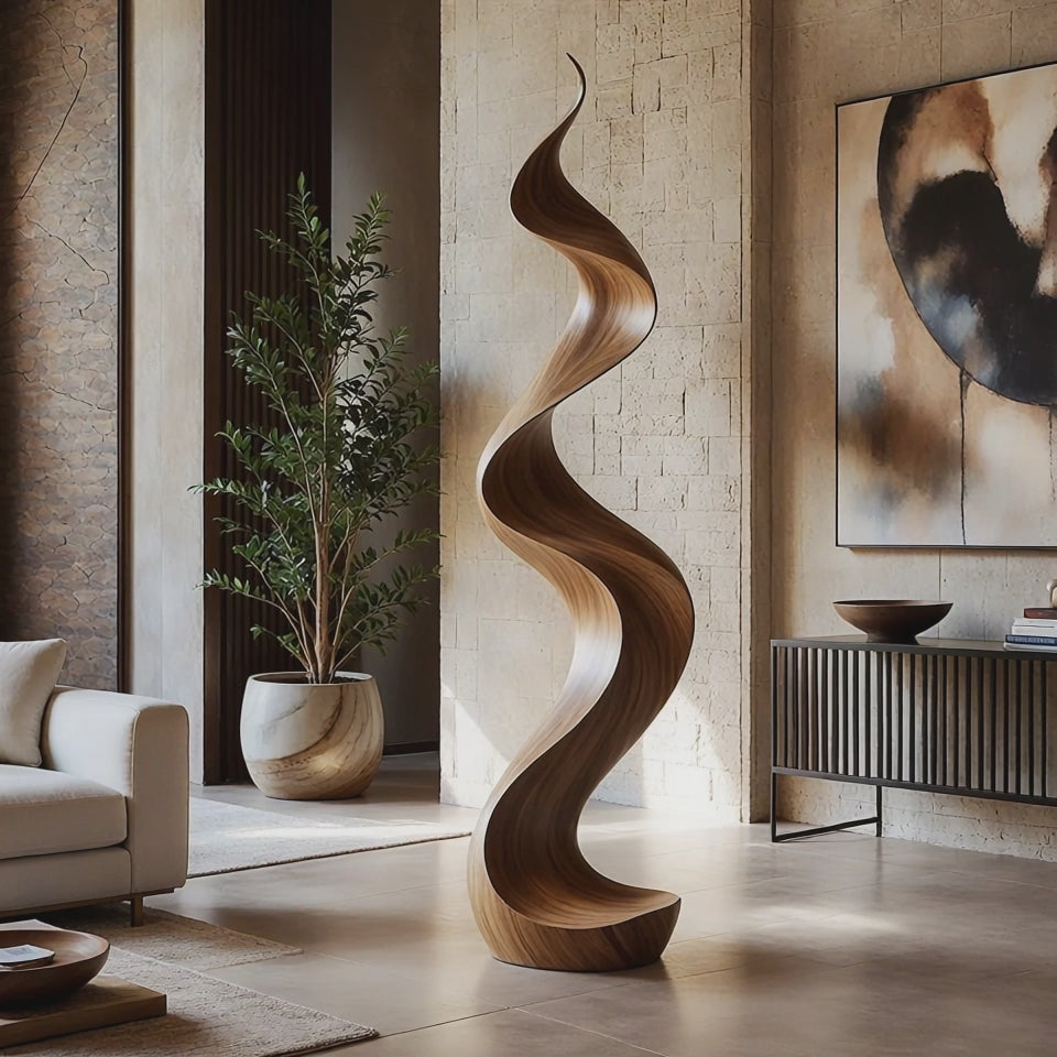 Load video: Handcrafted Solid Wood Wave Sculpture – Modern Organic Floor Art for Living Room &amp; Entryway TT006-6662