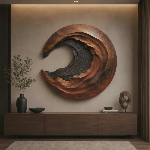 Load video: Abstract Wave Wood Wall Art | Large Round Sculptural Wooden Wall Decor TT006-1868