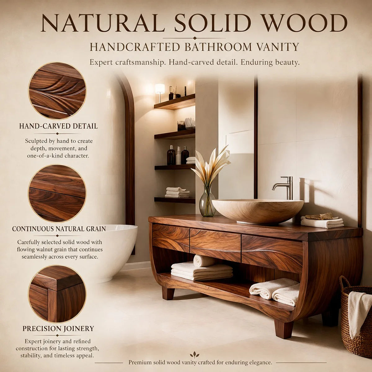 Solid Wood Double Sink Bathroom Vanity | Curved Bathroom Vanity Cabinet with Open Shelf & Drawers HG021-2095