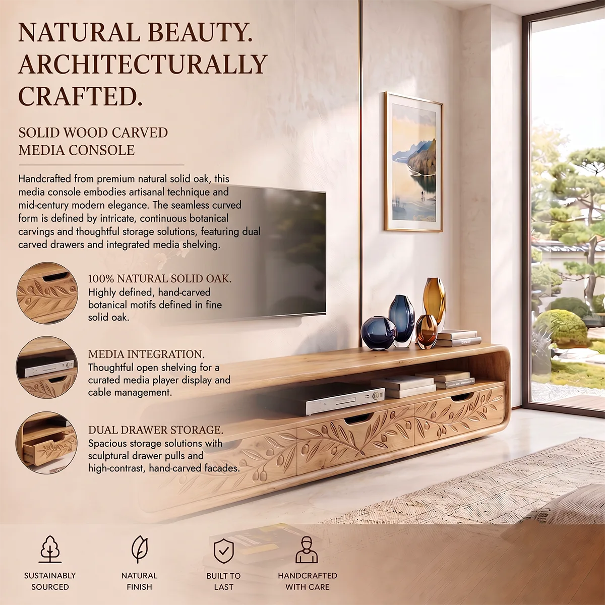 Botanical Carved Wood TV Stand with Storage | Elegant Media Console HG021-5BGB8ID