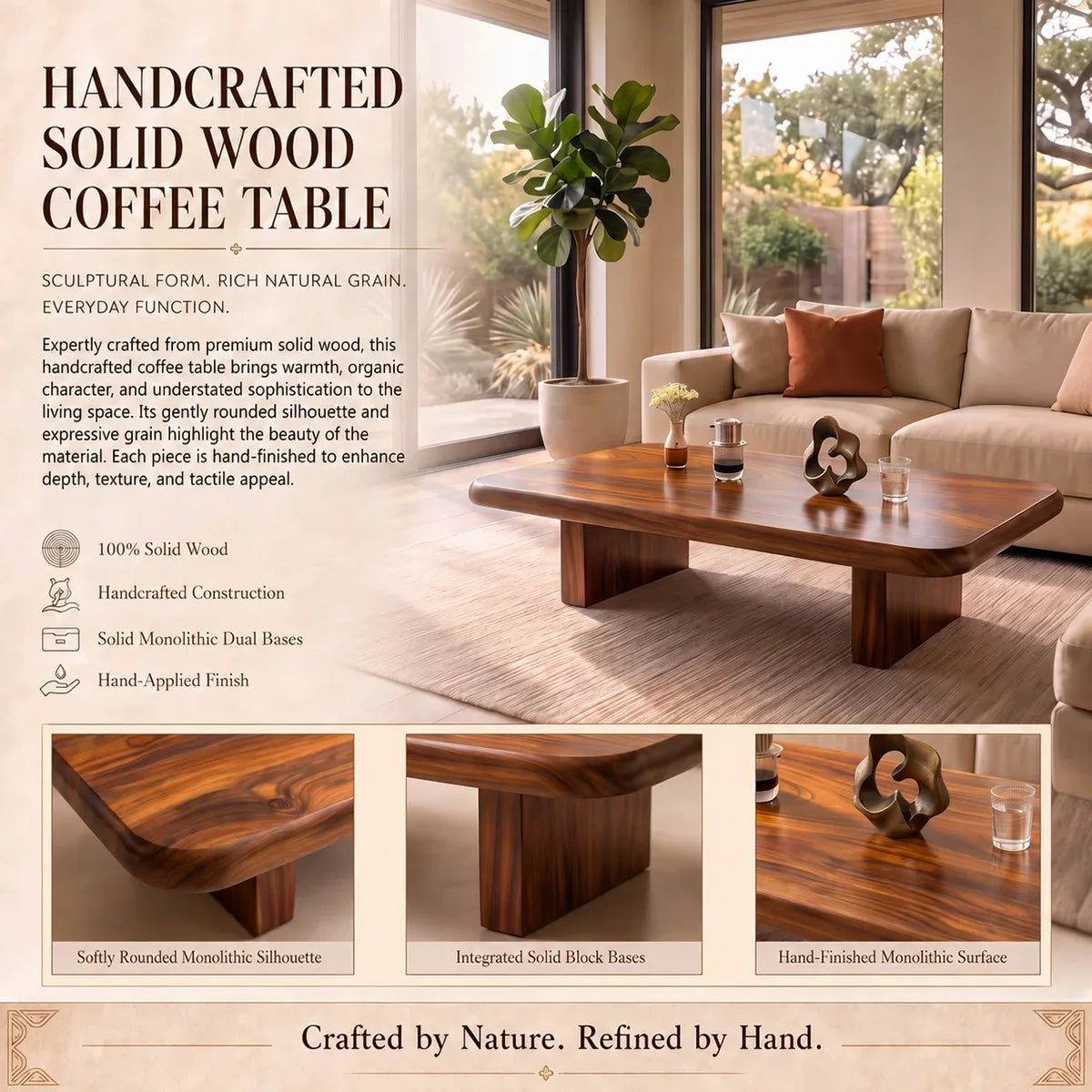 Rectangular Coffee Table with Thick Top & Block Legs | Modern Center Table HG021-6CIC4AB
