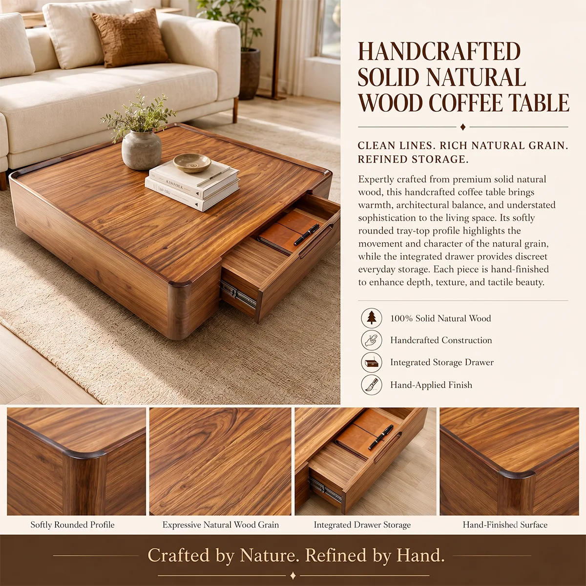 Square Coffee Table with Hidden Storage Drawer | Modern Low Profile Center Table HG021-5UQU1VD