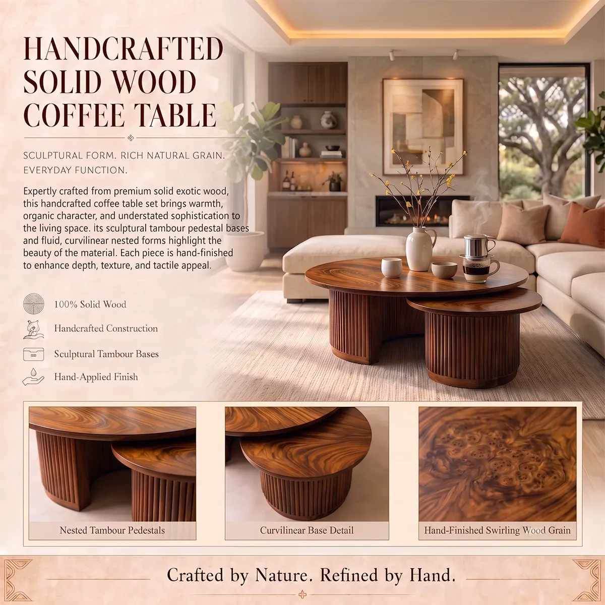 2-Piece Round Nesting Coffee Table Set with Fluted Base | Modern Space-Saving Center Tables HG021-9LVR6EA