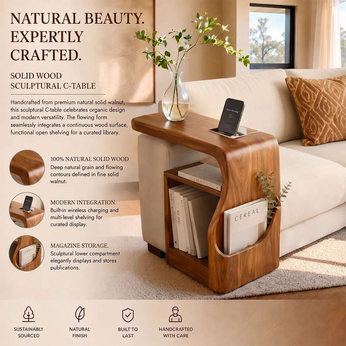 Modern Sofa End Table with Magazine Holder | C-Shaped Accent Table for Living Room HG021-3XHS8CE