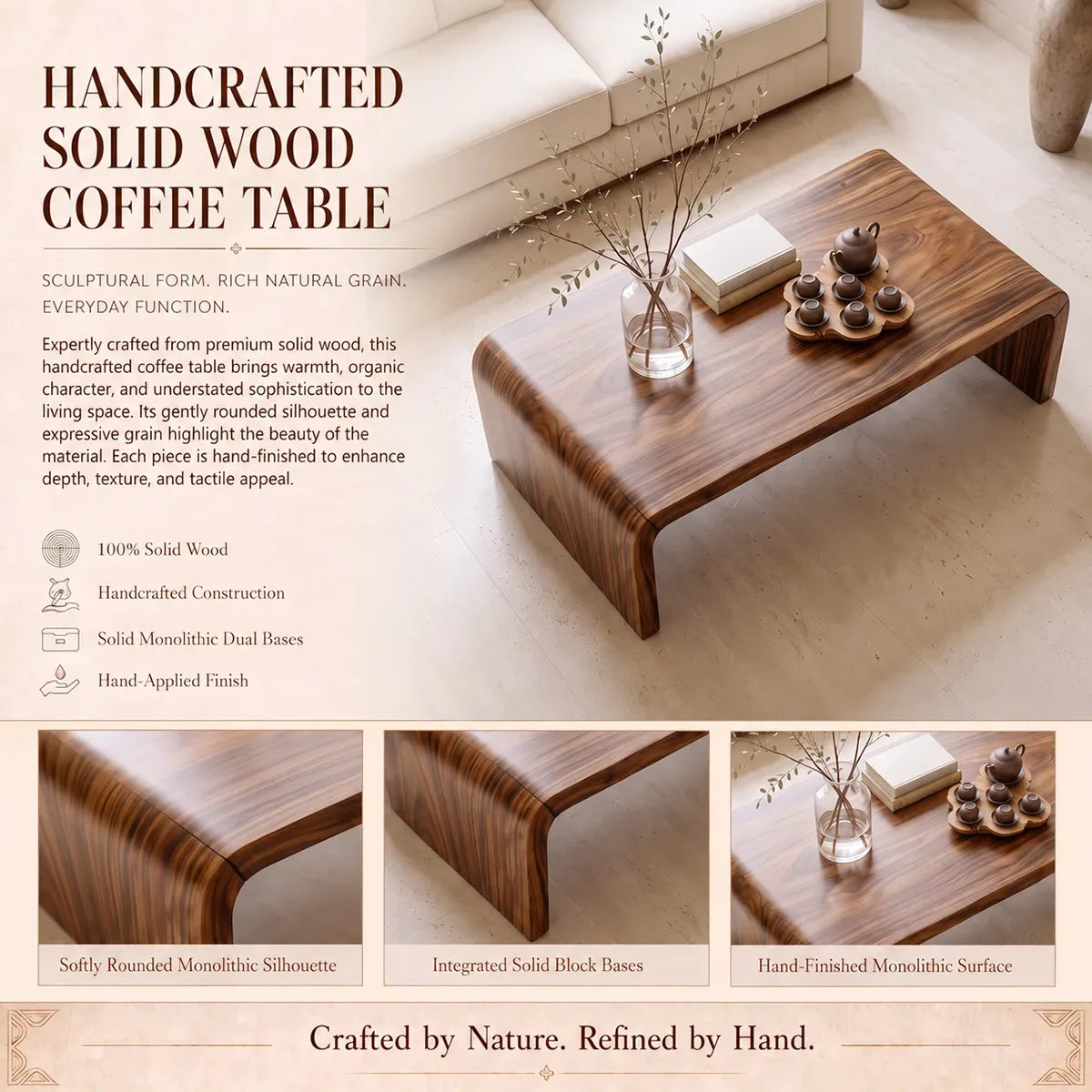 Modern Waterfall Coffee Table with Rounded Corners | Low Profile Center Table HG021-3PQS7ZO