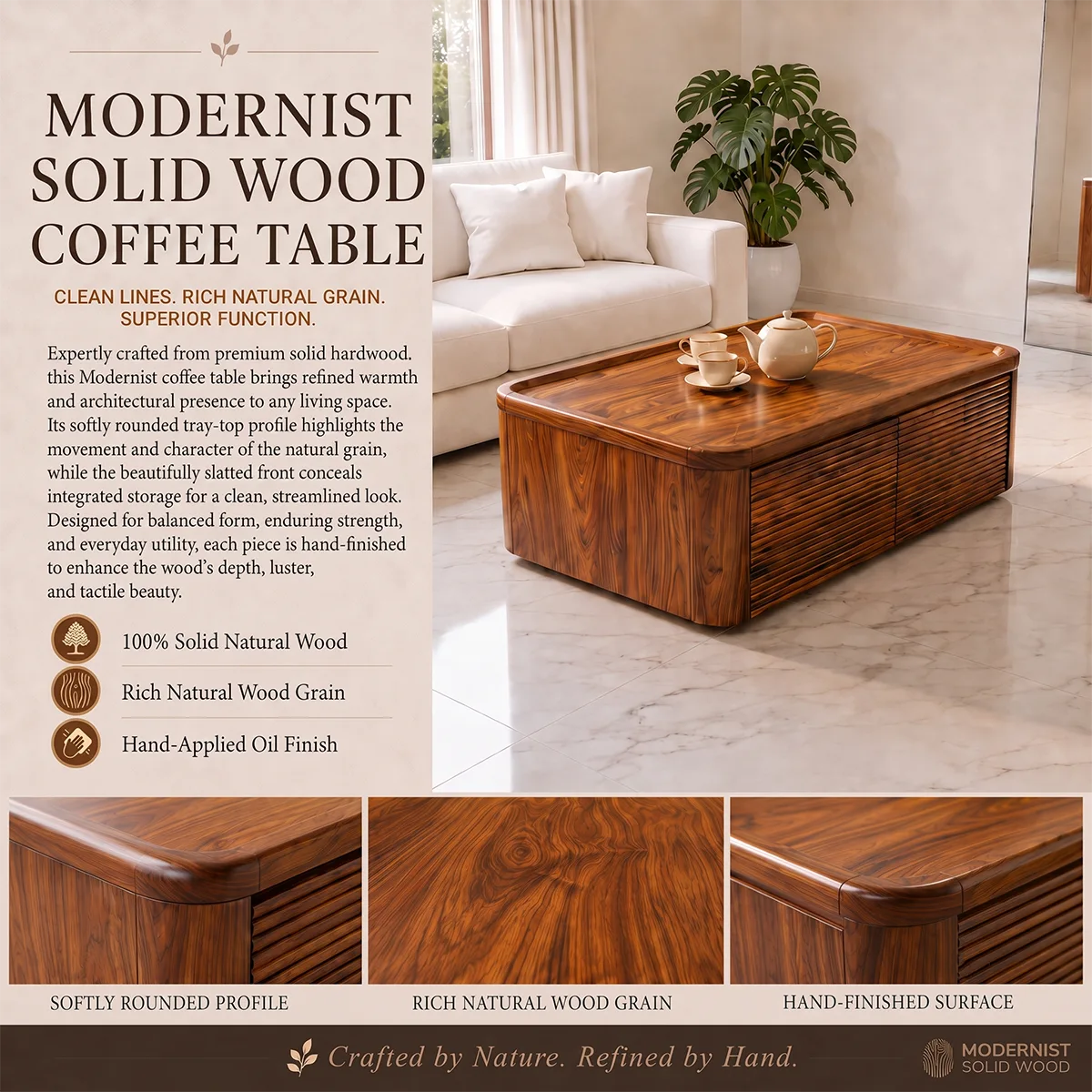Fluted Coffee Table with 2 Storage Drawers | Modern Rectangular Center Table HG021-5QVK8NI