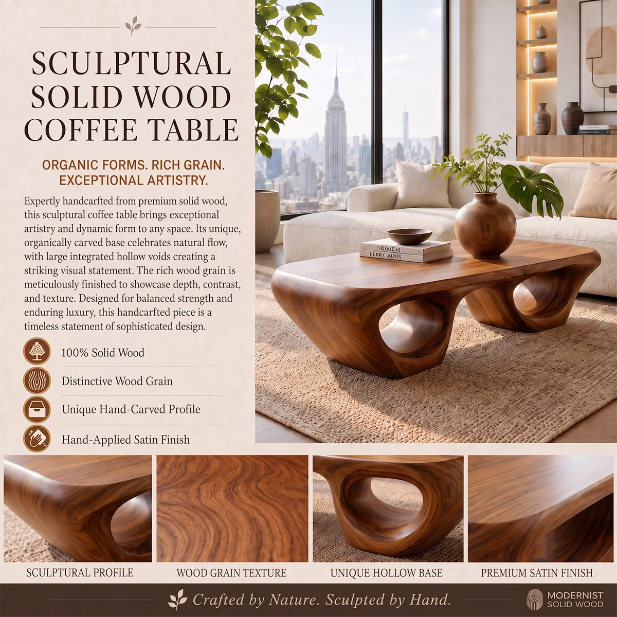Sculptural Wood Coffee Table with Hollow Loop Base | Organic Modern Rectangular Center Table HG021-2FVS9KF