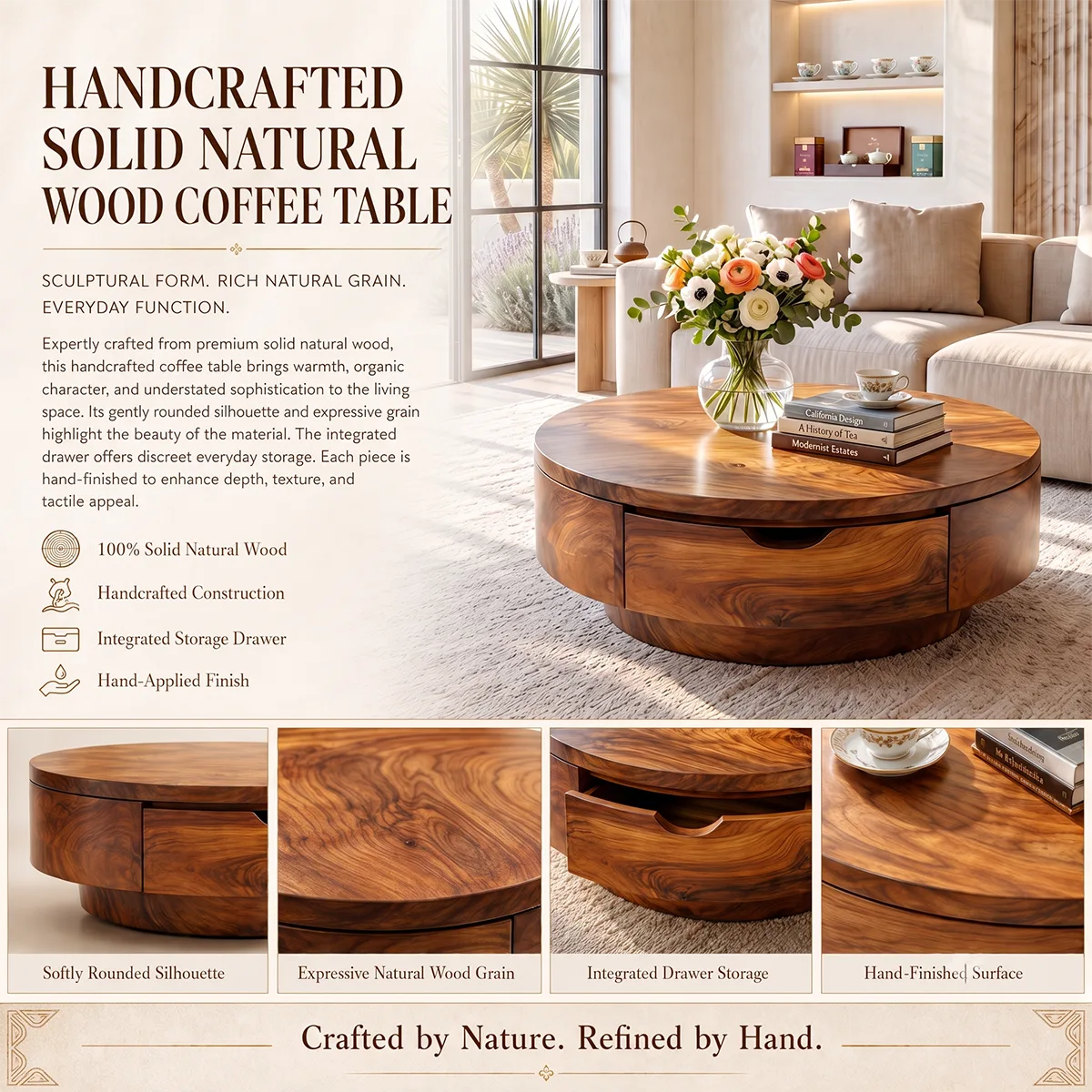 Round Coffee Table with Storage Drawer | Modern Low Profile Center Table HG021-2SOJ4AX