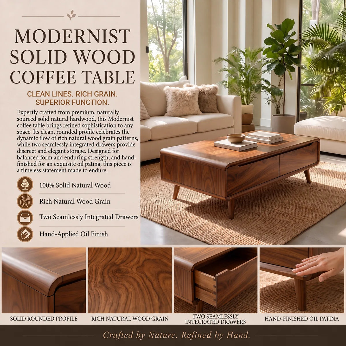 Coffee Table with 2 Storage Drawers | Modern Rounded Rectangular Center Table HG021-8SET4XE