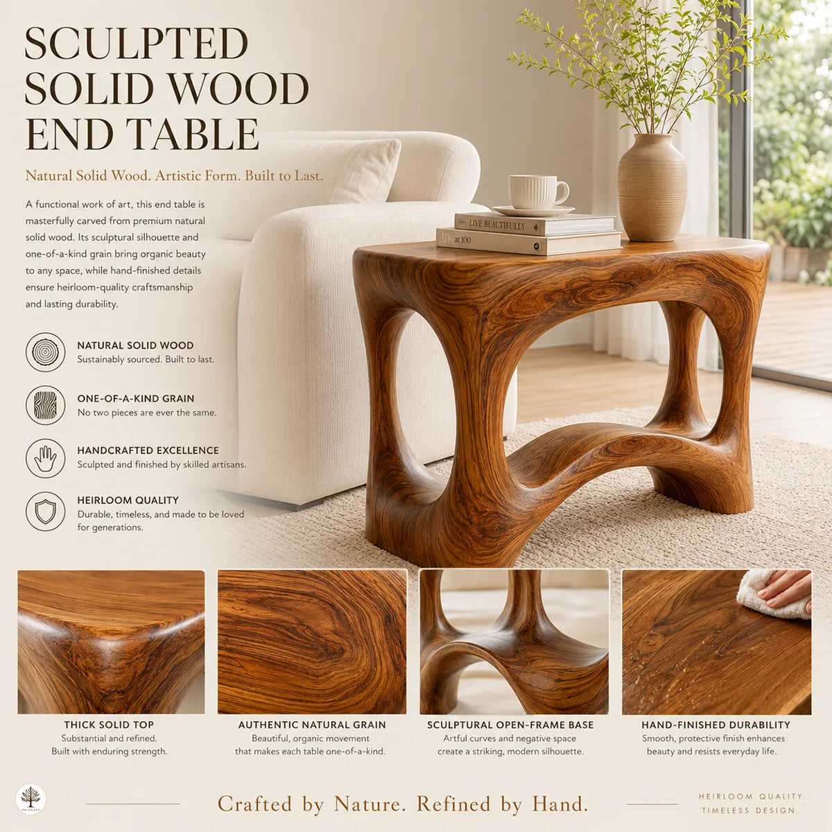 Modern Sculptural End Table | Organic Accent Side Table with Rounded Square Top HG021-3496