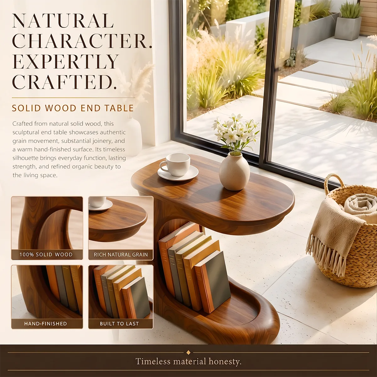 Modern C-Shaped End Table with Book Storage | Sculptural Sofa Side Table for Living Room HG021-7EFE3WW