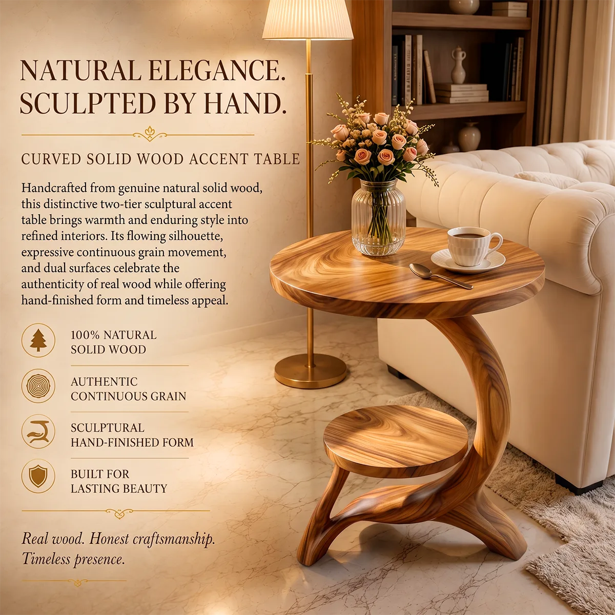 Modern Round End Table with Sculptural Base | Contemporary Accent Side Table with Display Shelf HG021-2HEU5KL