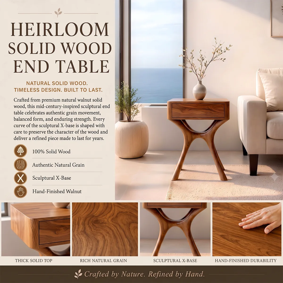 Modern Sculptural End Table with Drawer | Curved Accent Side Table for Living Room & Bedroom HG021-9NSN3GY