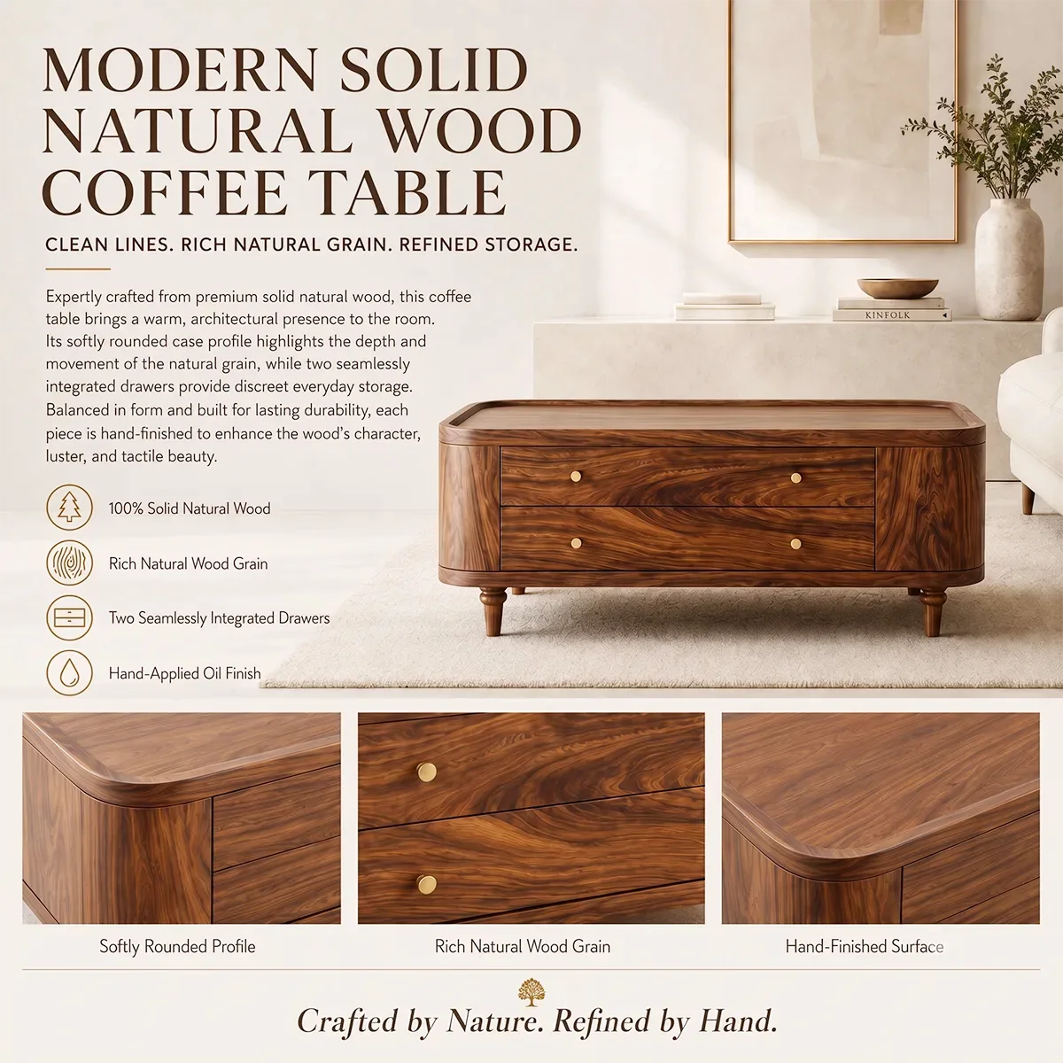 Rectangular Coffee Table with 2 Storage Drawers & Rounded Corners | Modern Living Room Table HG021-5JOP8KT