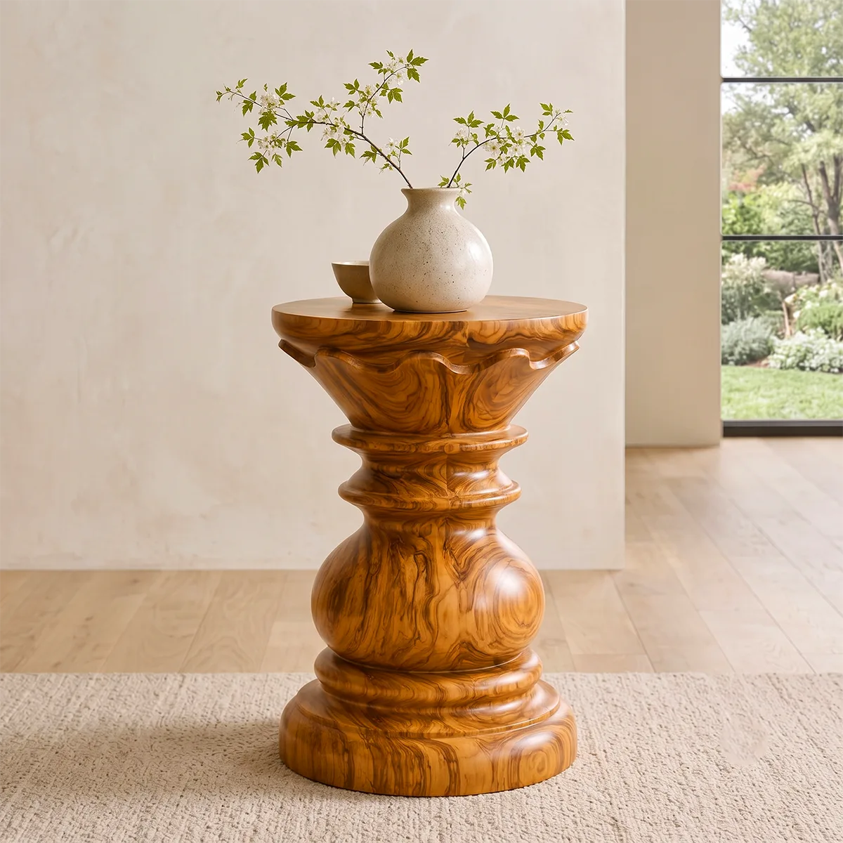 Sculptural Crown Pedestal Wood End Table | Round Carved Side Table TT006-9TFS8ZN
