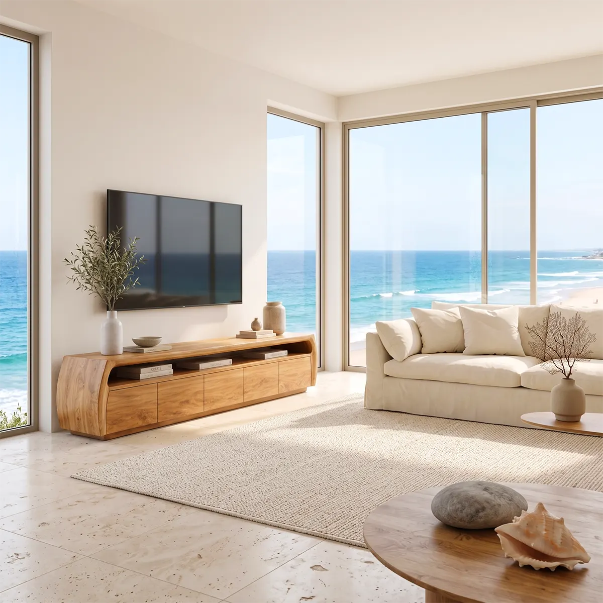 Modern TV Stand with 5 Enclosed Storage Compartments & Open Shelf | Curved Media Console TT006-2HKN9KV