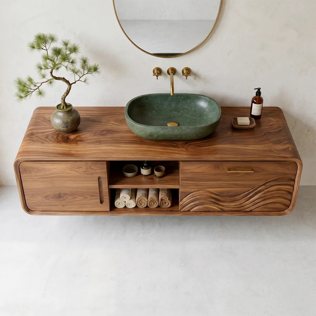 Modern Floating Bathroom Vanity with Sculptural Wave Door Design HG021-2980