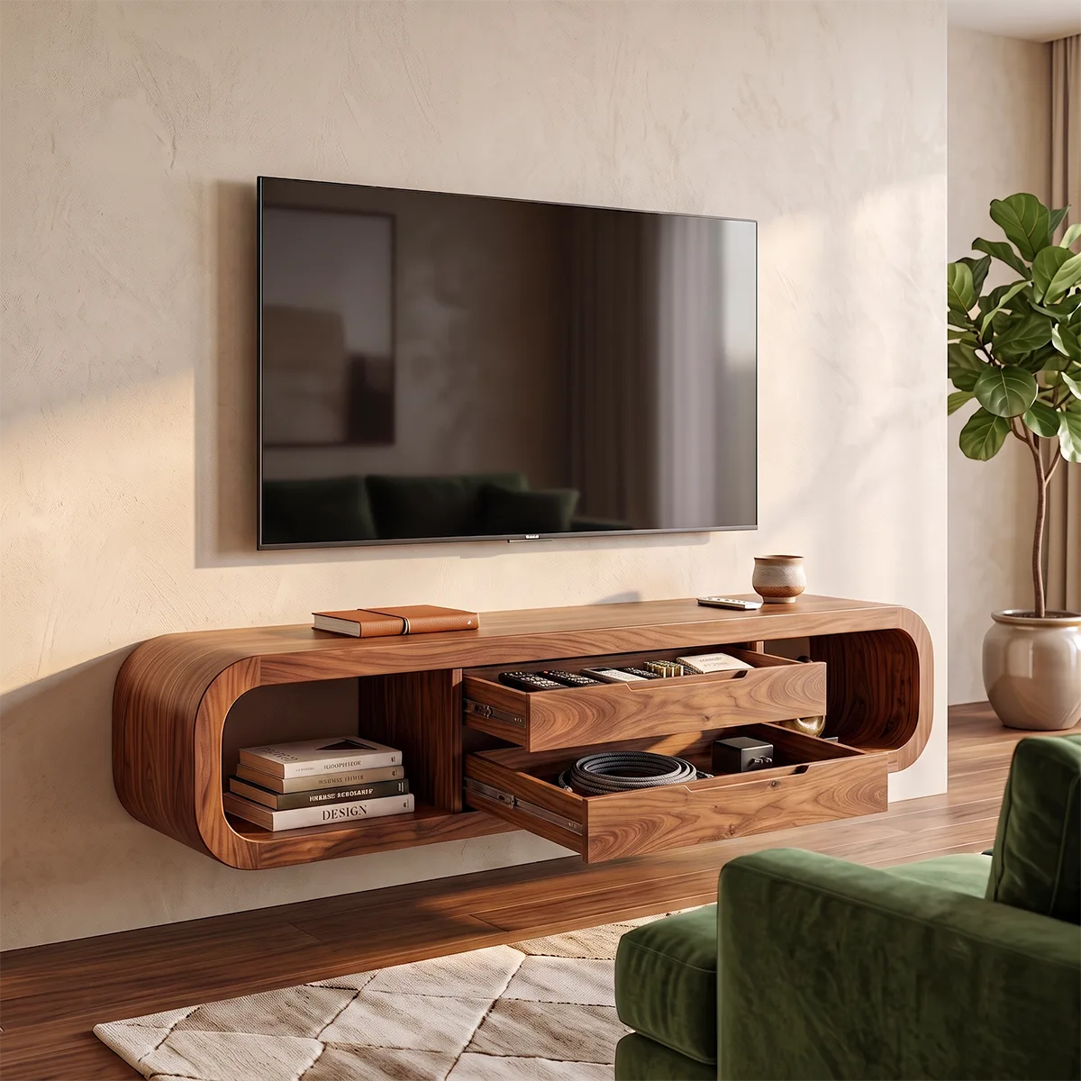 Modern Floating TV Stand | Wall Mounted Media Console with Drawers & Open Storage HG021-1OOU7ST