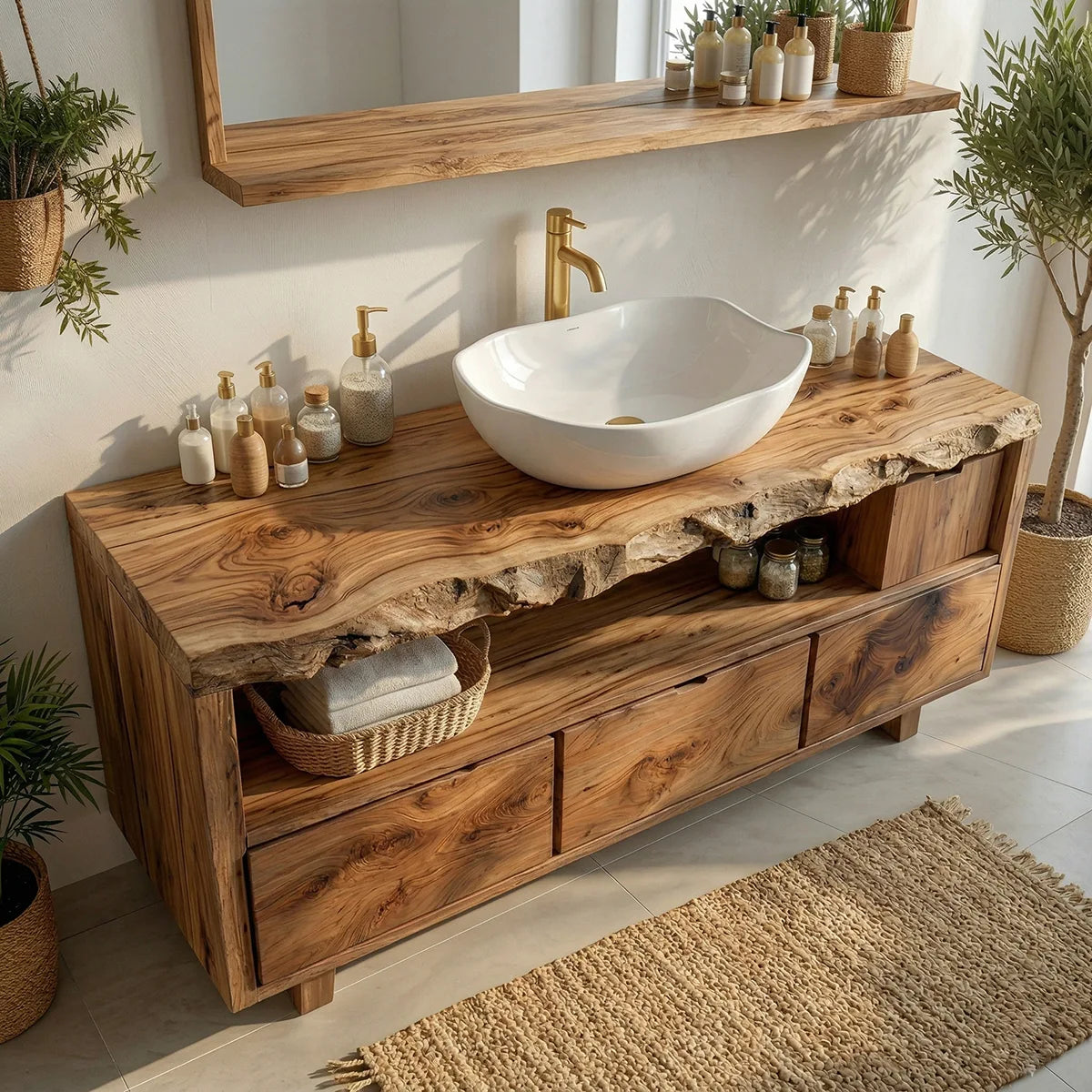 Rustic Natural Solid Wood Bathroom Vanity, Single Sink Wood Vanity with 3 Drawers & Open Shelf