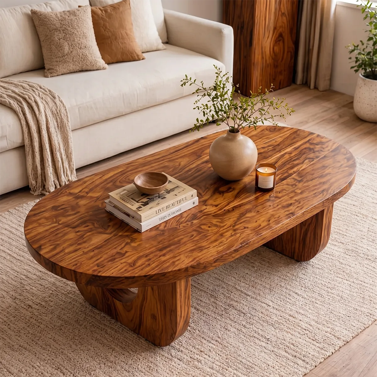 Modern Solid Wood Oval Coffee Table with Sculptural Cutout Legs