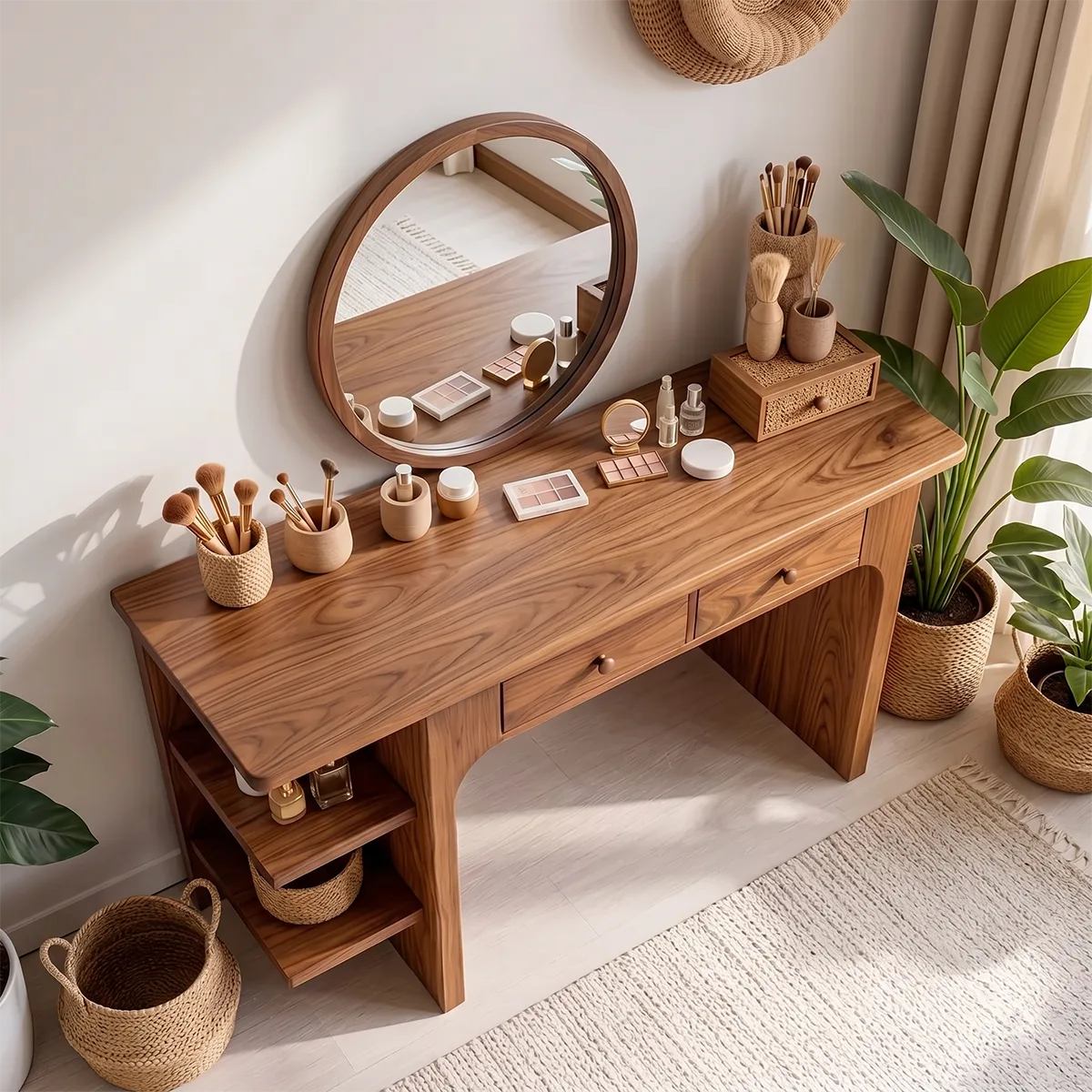 Scandinavian Solid Wood Vanity Desk with Mirror and Open Shelf Storage
