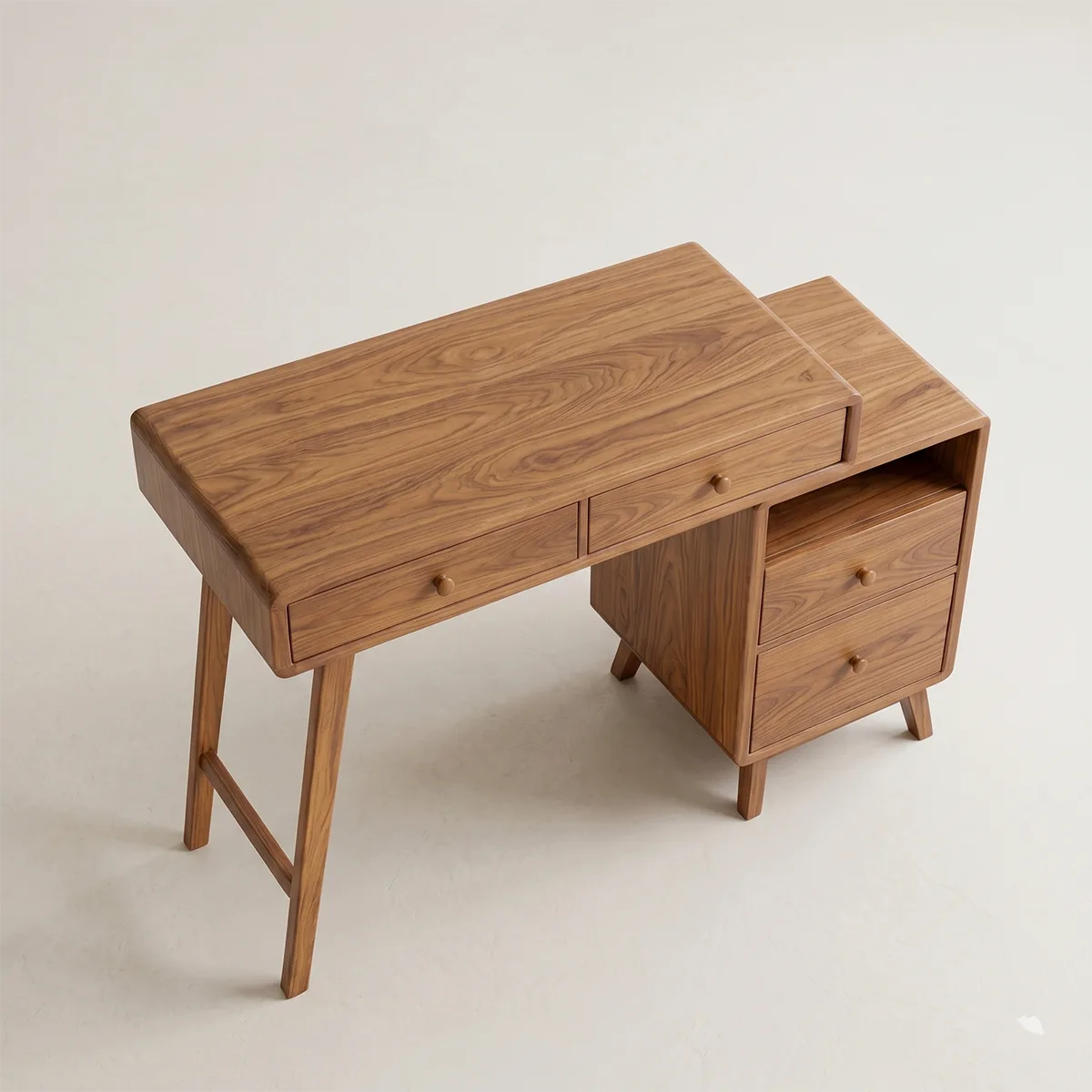 Mid-Century Solid Wood Vanity Desk with Side Cabinet Storage and Mirror