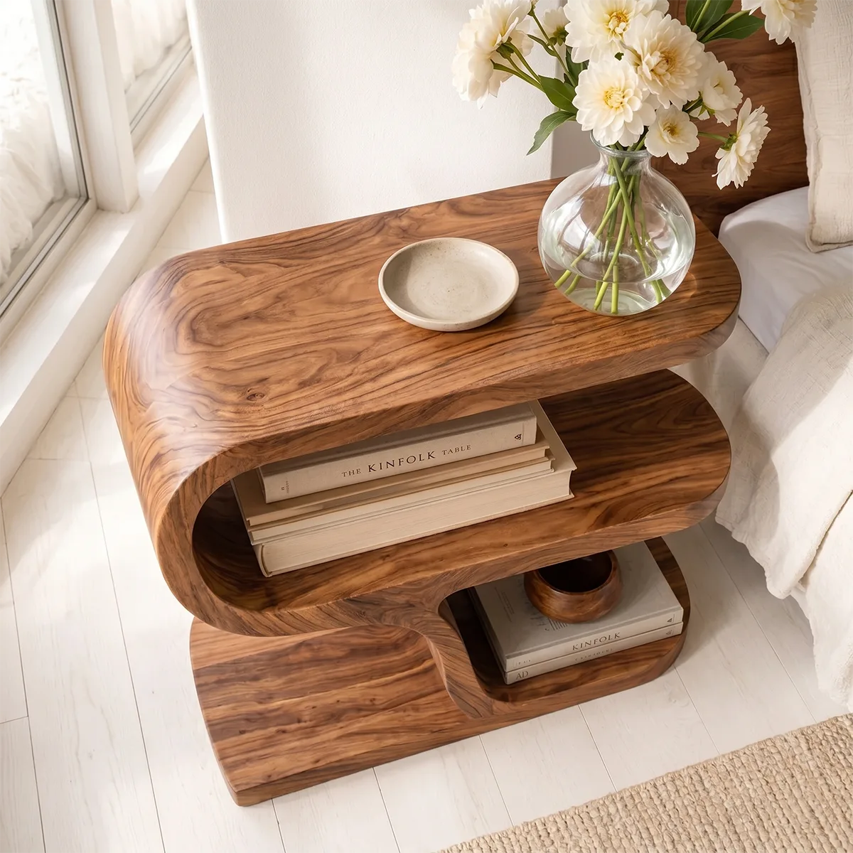 Modern Sculptural Wooden Nightstand with Open Storage Shelves