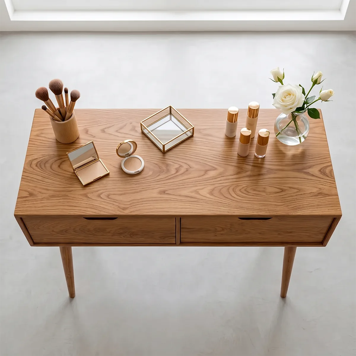 Minimalist Solid Wood Vanity Desk with Large Drawers and Oval Mirror