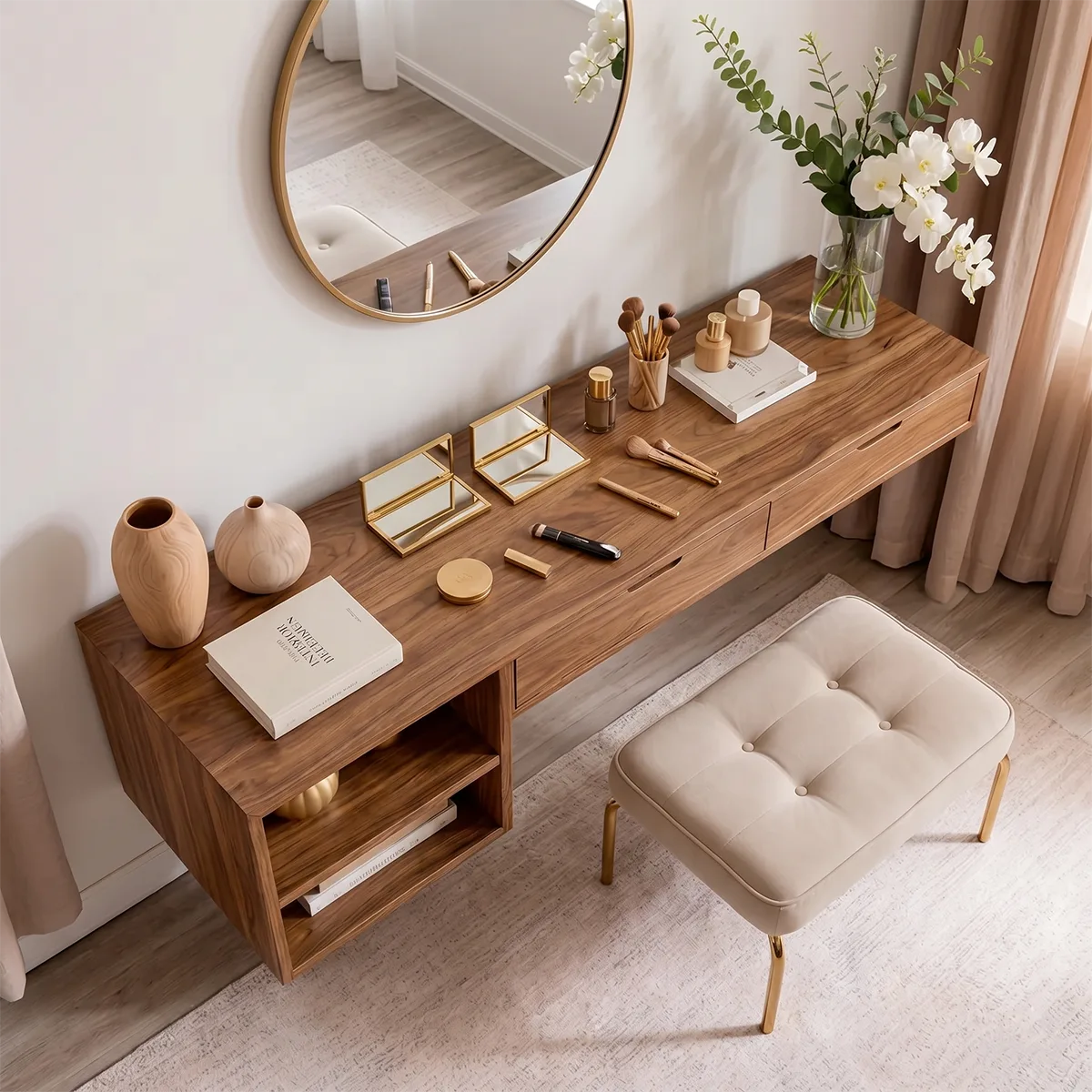 Floating Solid Wood Vanity Desk with Open Shelving and Storage Drawers