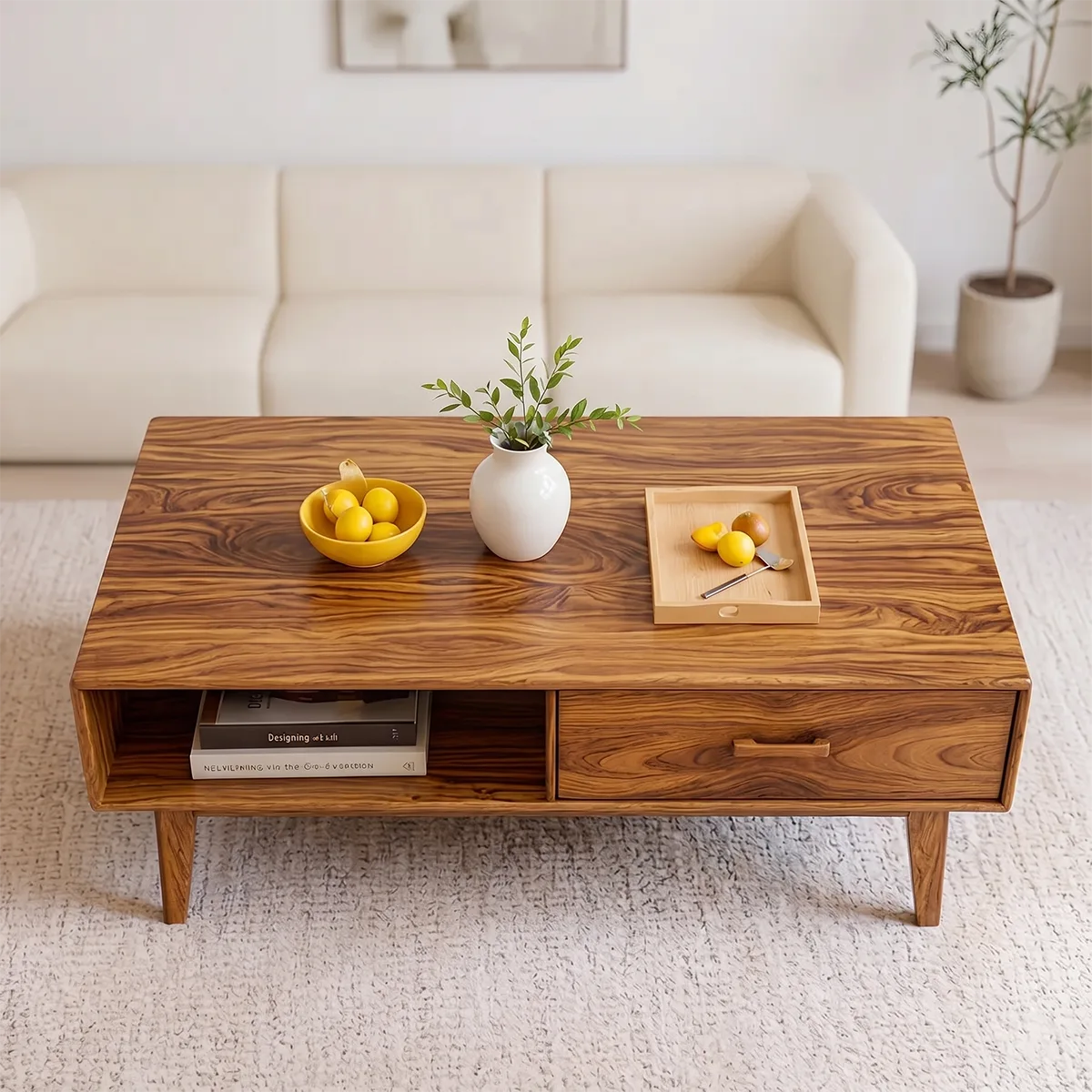 Mid Century Modern Solid Wood Rectangular Coffee Table with Storage