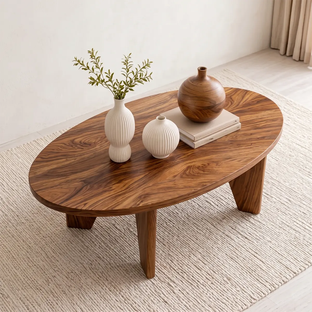 Modern Solid Wood Oval Coffee Table with Angled Slab Legs