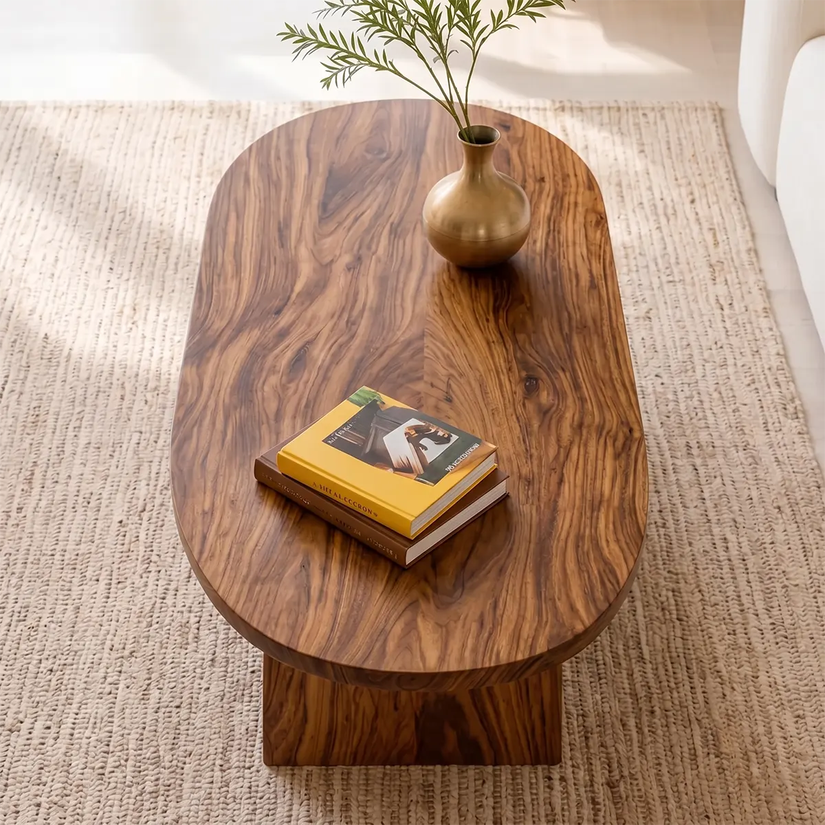 Modern Solid Wood Oval Coffee Table with Sculptural Sweeping Base