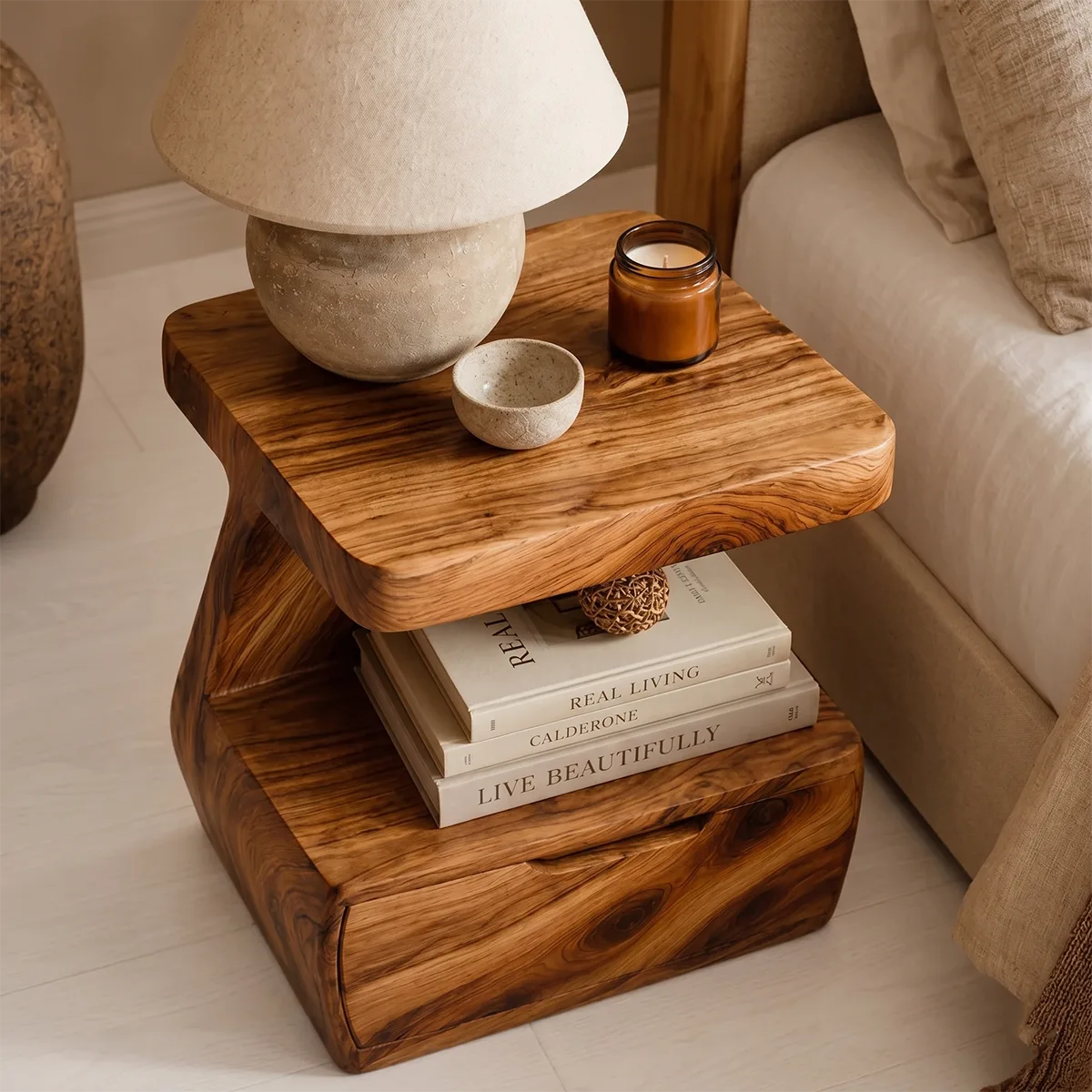 Handcrafted Solid Wood Nightstand Organic Bedside Table with Storage Drawer