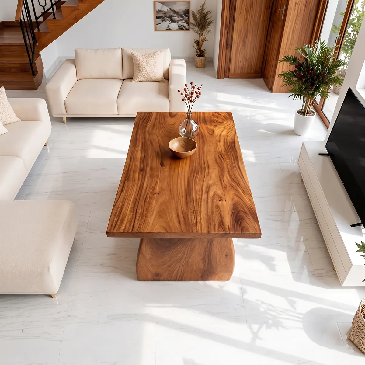 Modern Solid Wood Coffee Table with Sculptural Hourglass Base