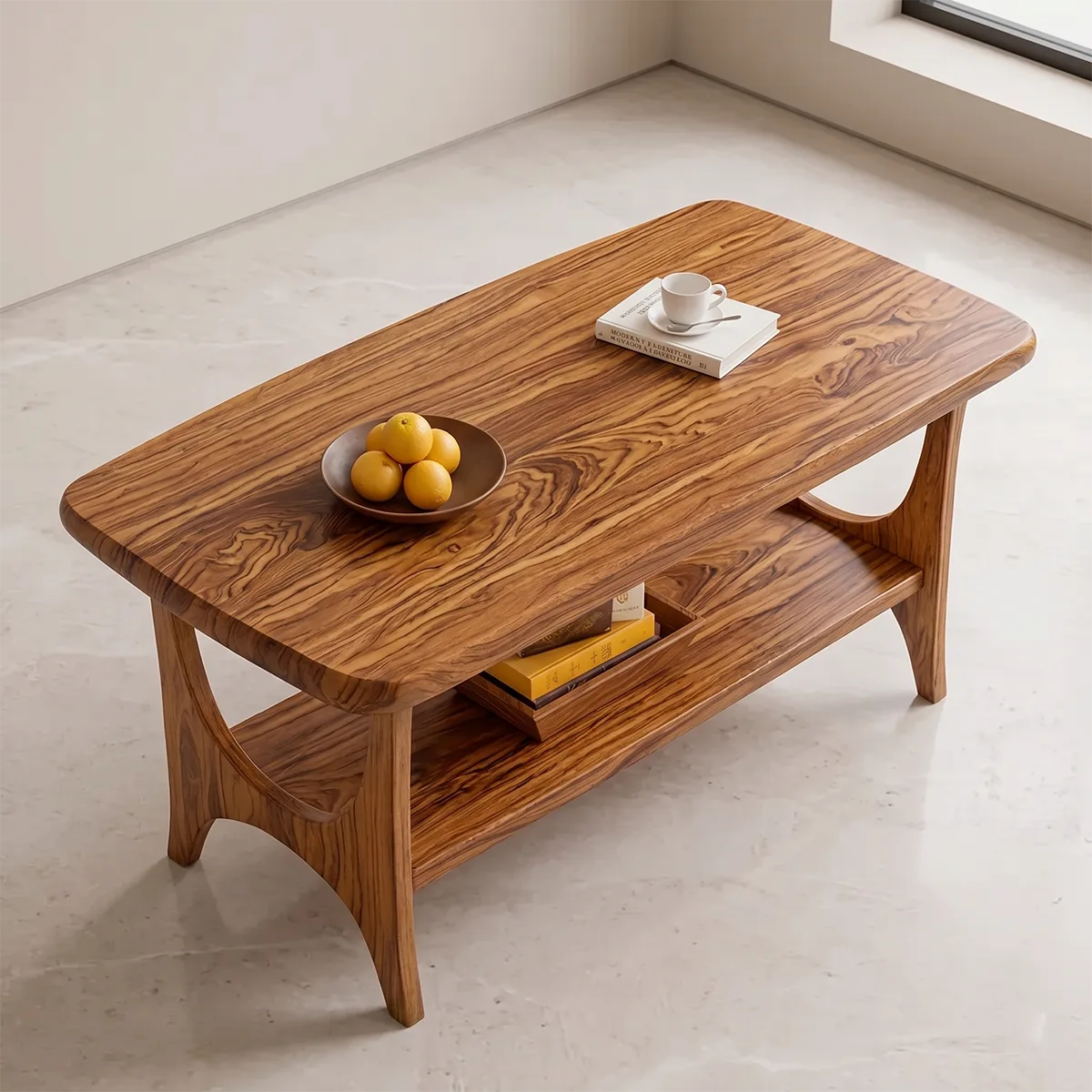 Mid Century Modern Solid Wood Rectangular Two Tier Coffee Table