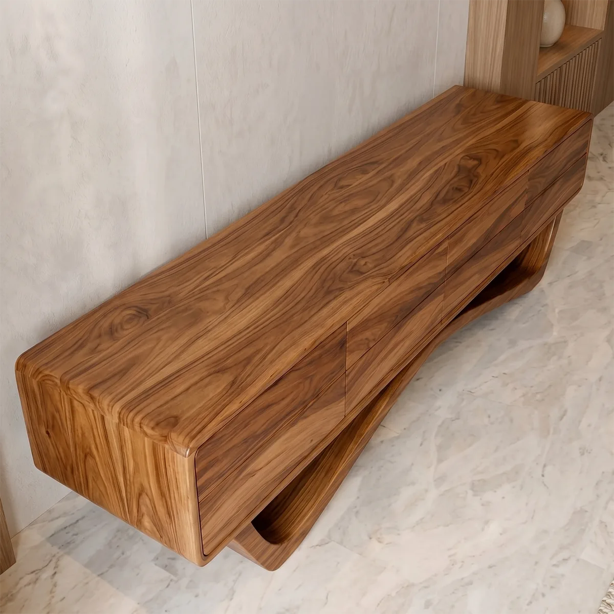 Modern Solid Wood TV Stand with Sculptural Sweeping Base