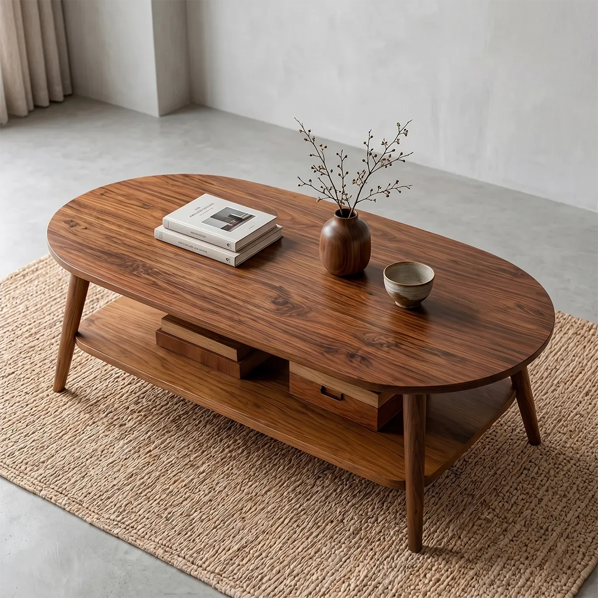 Mid Century Modern Solid Wood Two Tier Oval Coffee Table
