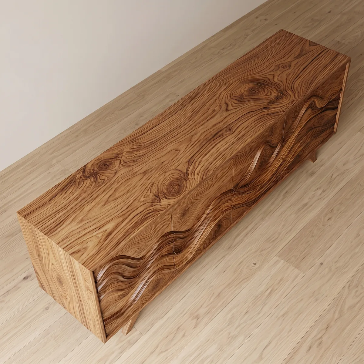 Mid-Century Modern Solid Wood TV Stand with Cabinet and Open Shelving