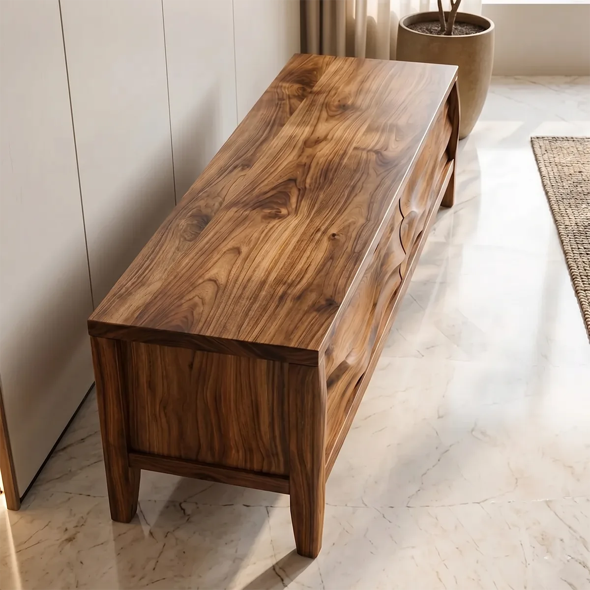 Modern Solid Wood 3D Wavy Carved TV Stand