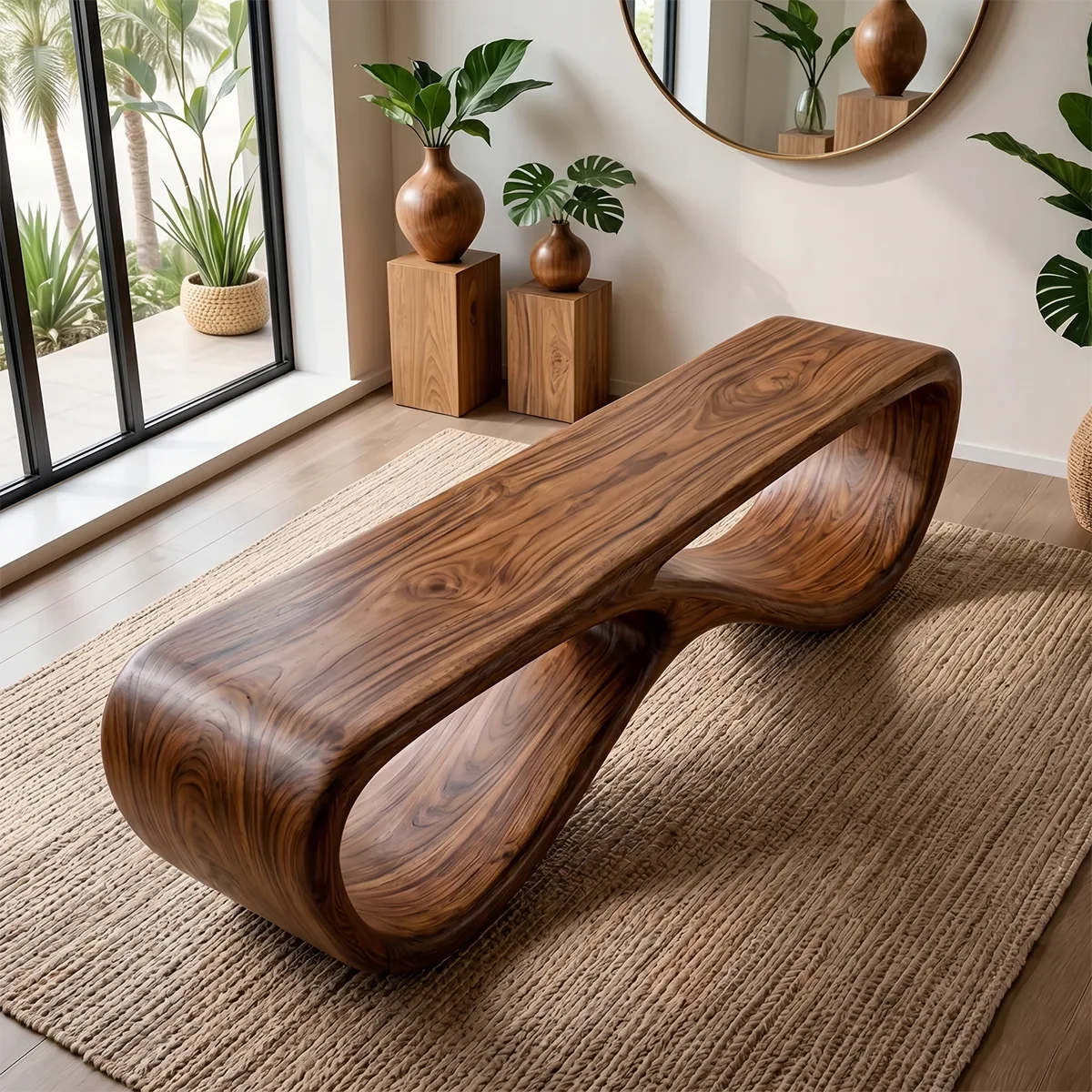Organic Sculptural Solid Wood Bench for Modern Living Room and Entryway