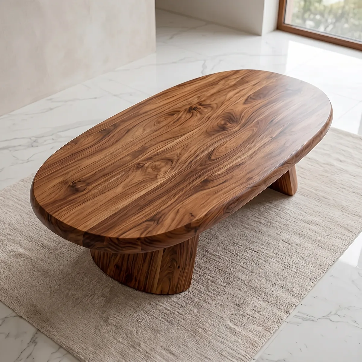 Modern Solid Wood Oval Coffee Table with Sculptural Pedestal Legs