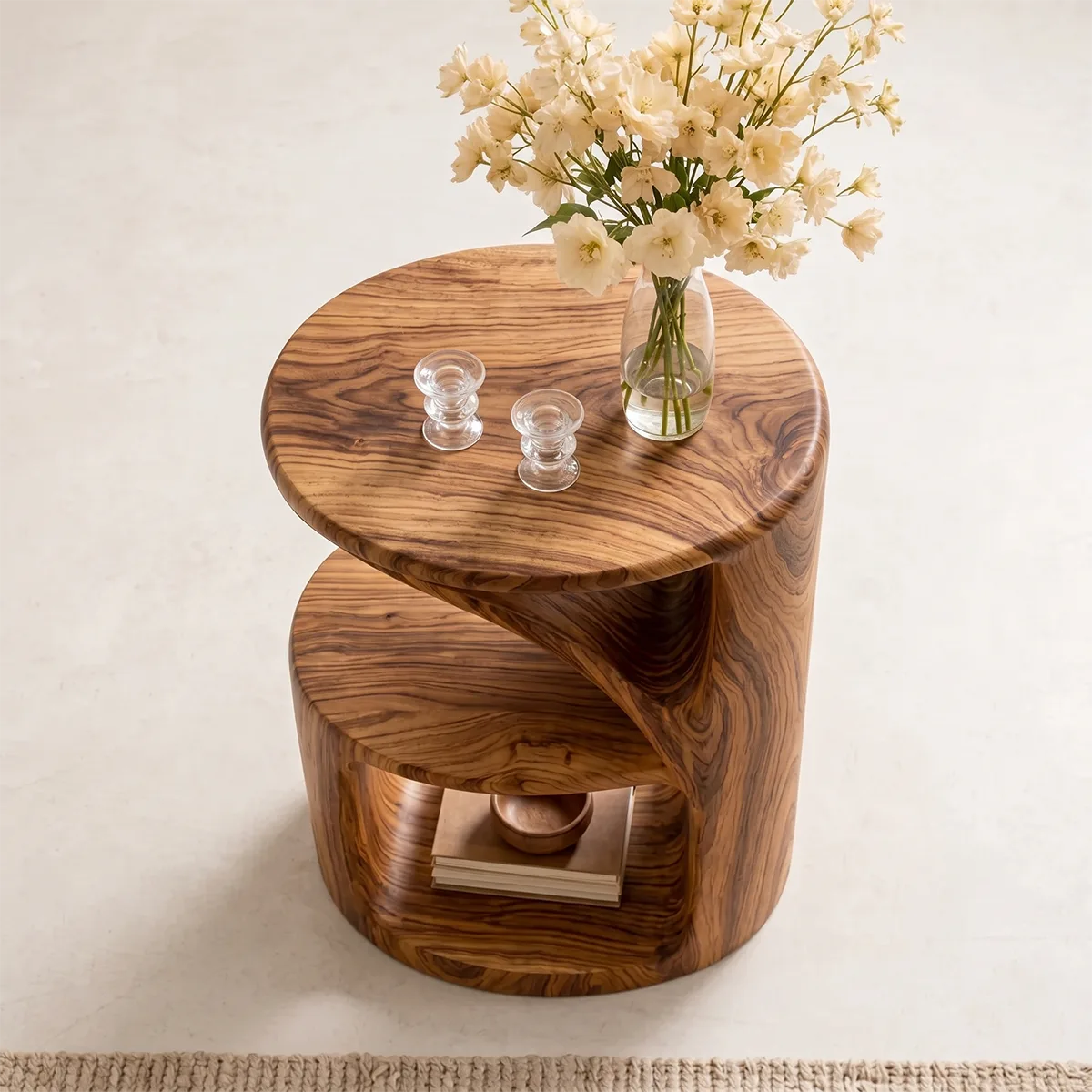 Handcrafted Solid Wood Side Table Sculptural Open Shelf Accent Table
