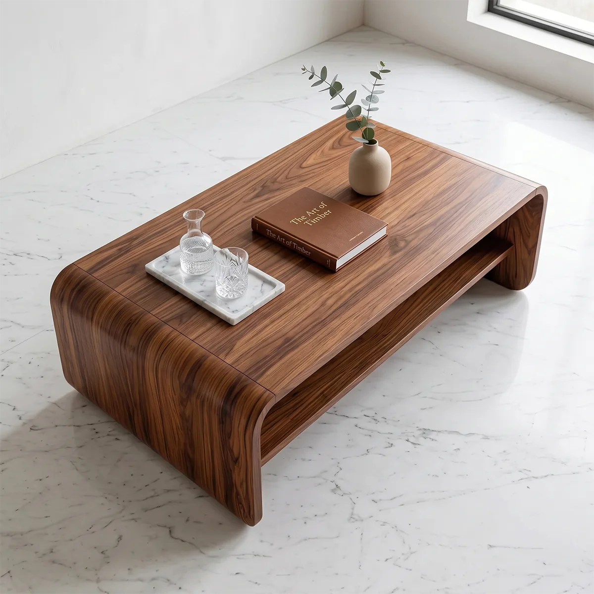 Modern Solid Wood Waterfall Coffee Table with Storage Shelf