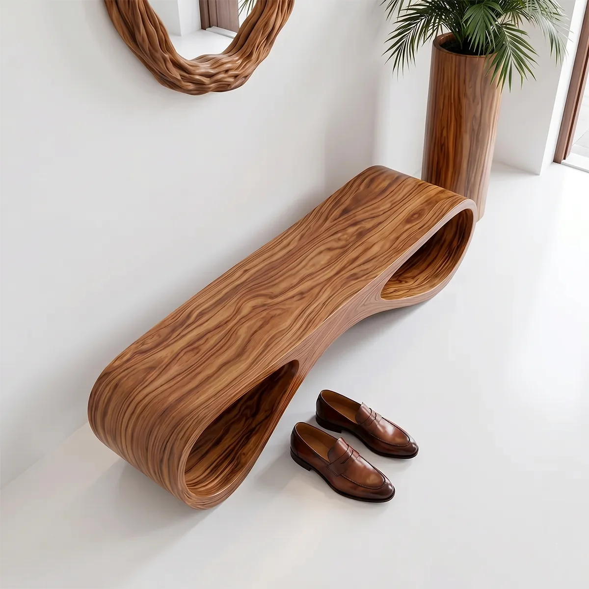Organic Sculptural Solid Wood Entryway Bench for Modern Minimalist Hallway Interiors