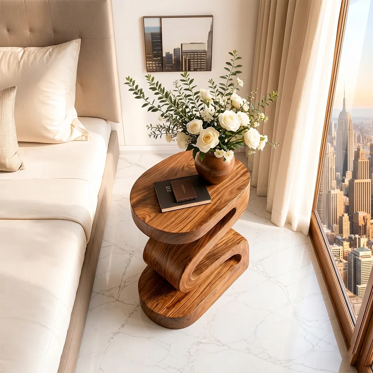 Modern Sculptural Wooden Nightstand with Open Shelf
